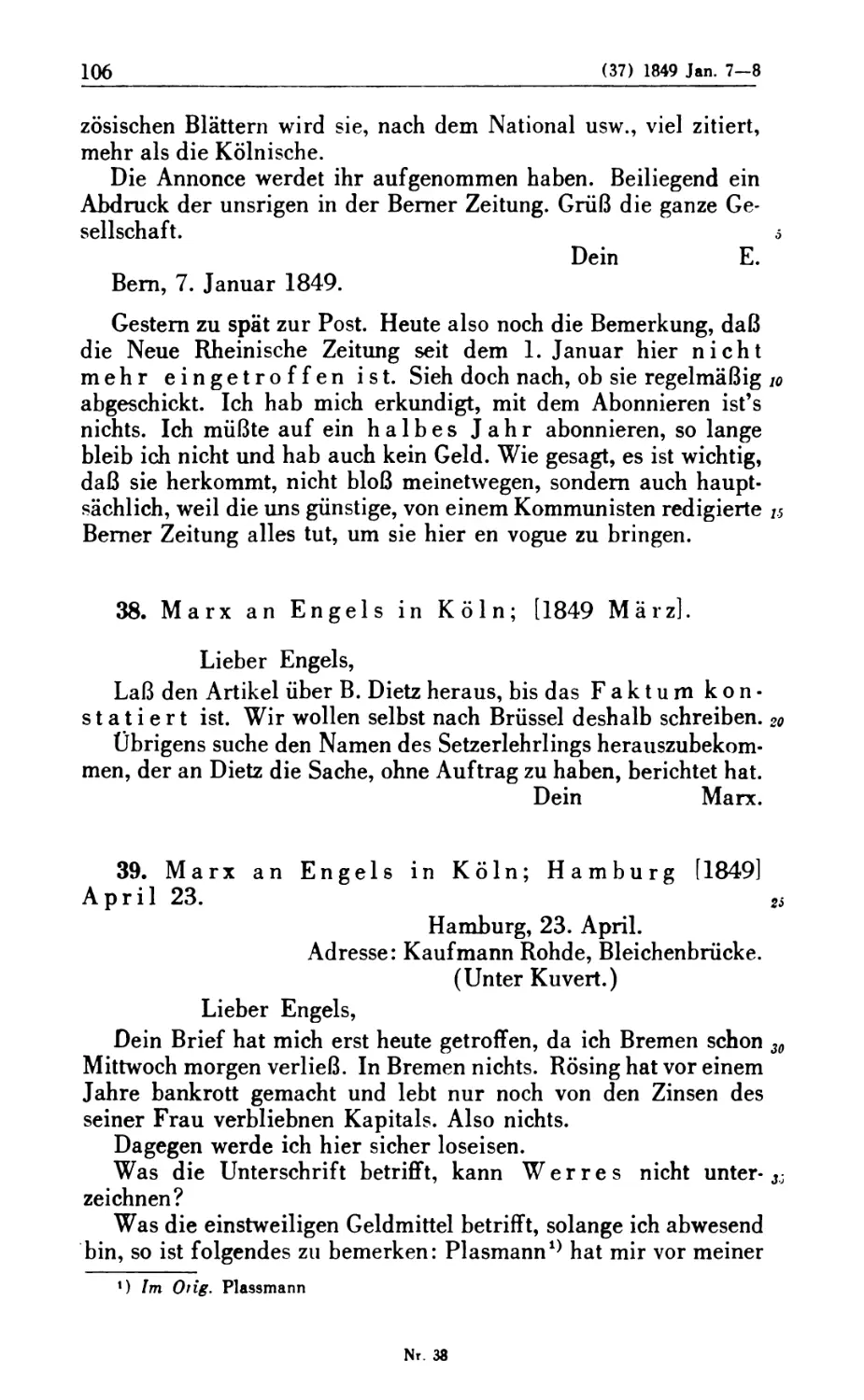 38. Marx an Engels in Köln; [1849 März]
39. Marx an Engels in Köln; Hamburg [1849] April 23