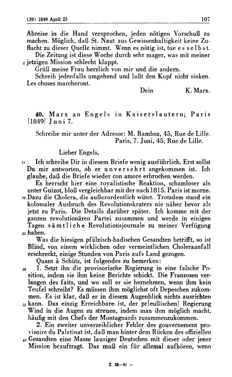 40. Marx an Engels in Kaiserslautern; Paris [1849] Juni 7