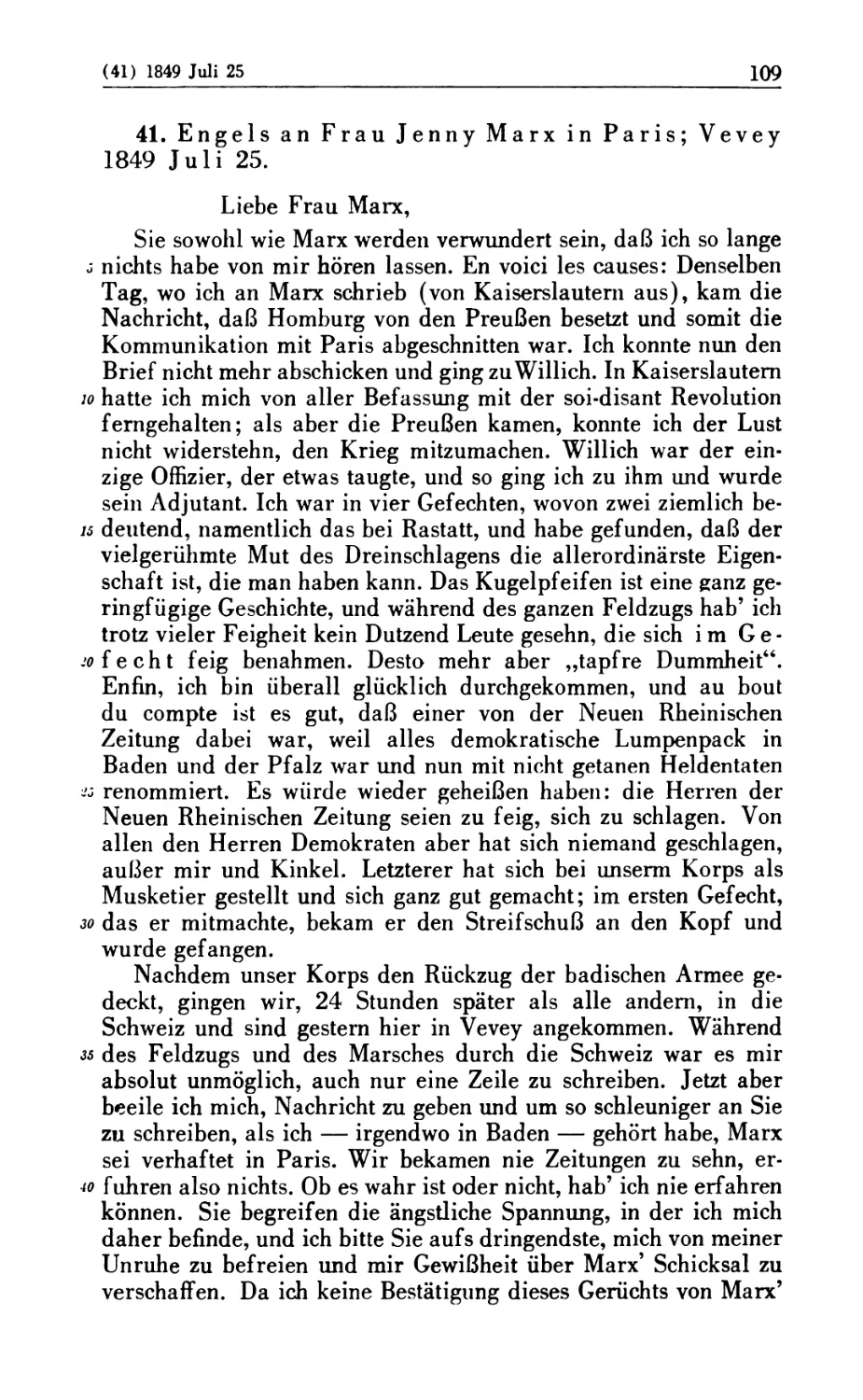 41. Engels an Frau Jenny Marx in Paris; Vevey 1849 Juli 25