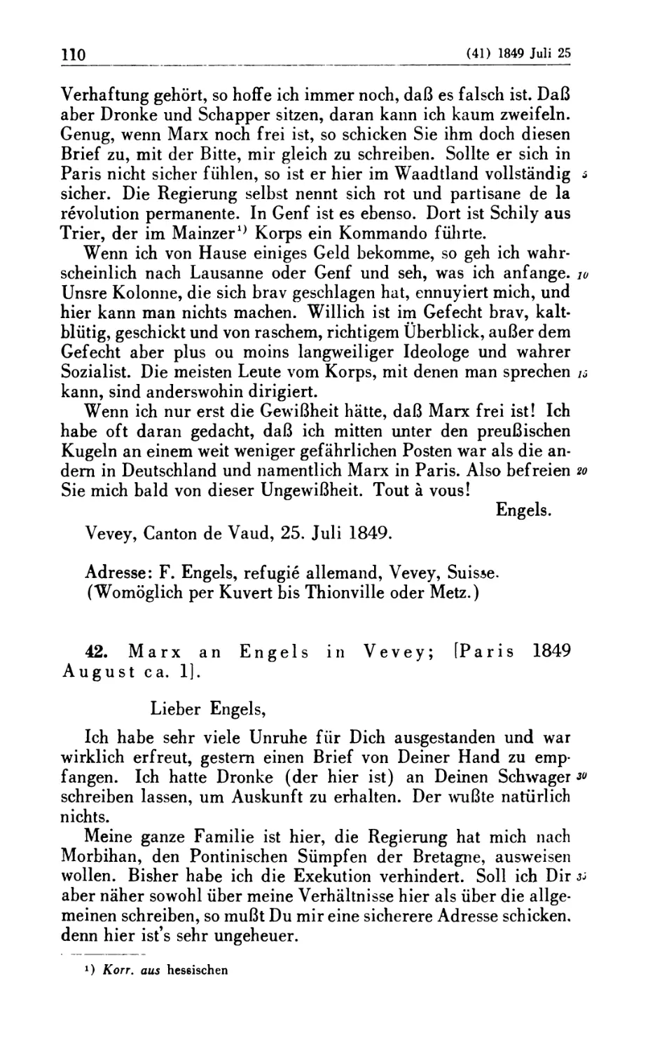 42. Marx an Engels in Vevey; [Paris 1849 August ca. 1]