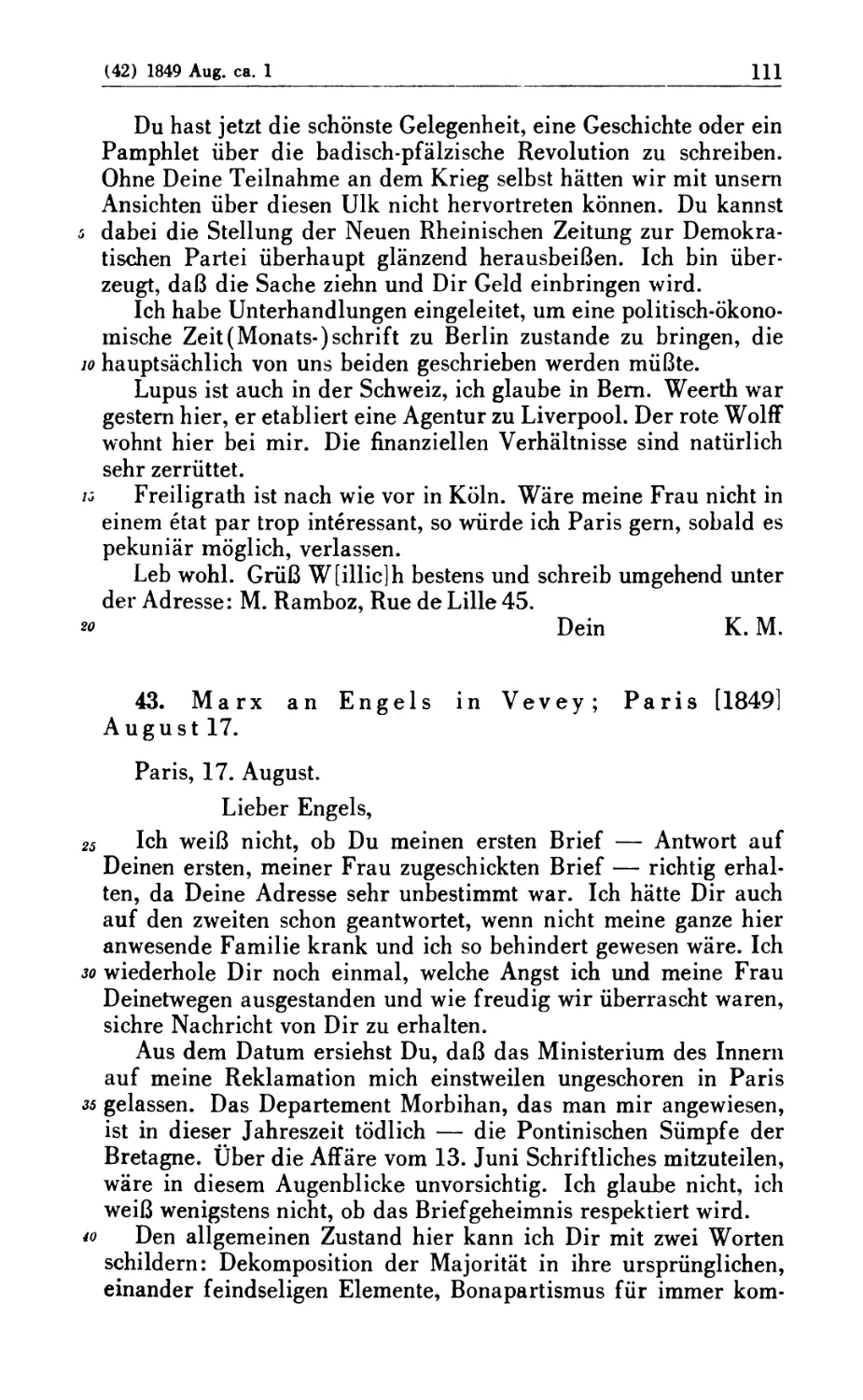 43. Marx an Engels in Vevey; Paris [1849] August 17