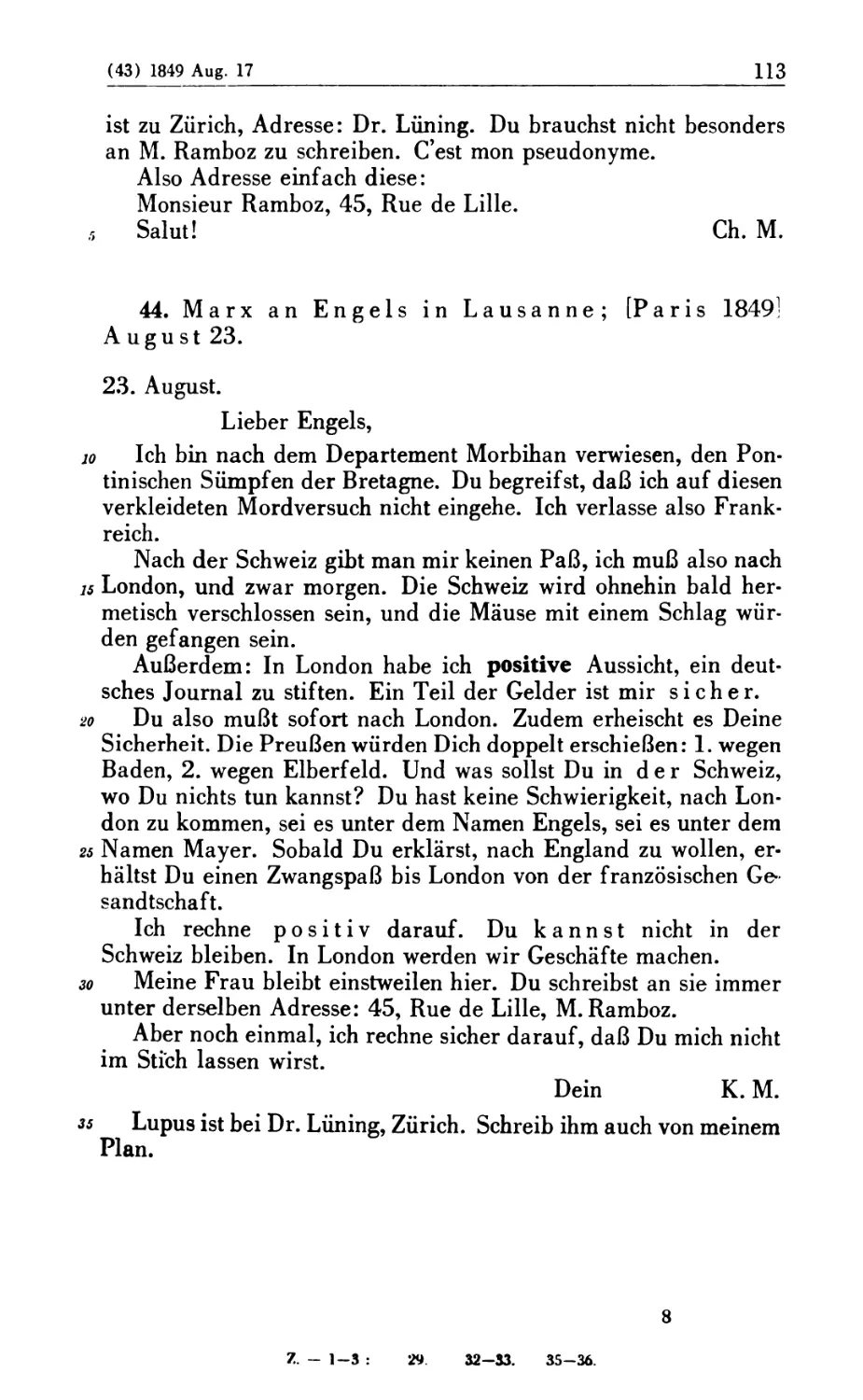 44. Marx an Engels in Lausanne; [Paris 1849] August 23