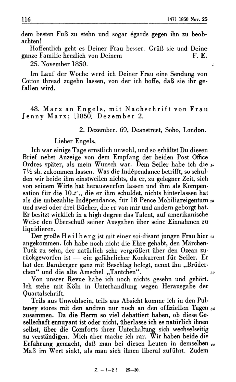 48. Marx an Engels, mit Nachschrift von Frau Jenny Marx; [1850] Dezember 2