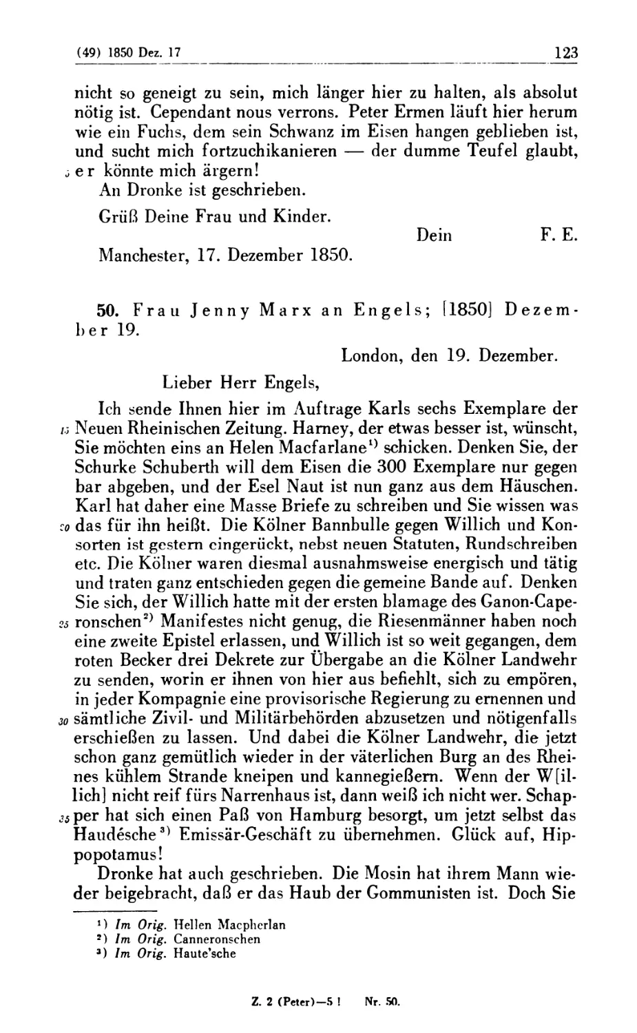 50. Frau Jenny Marx an Engels; [1850] Dezember 19