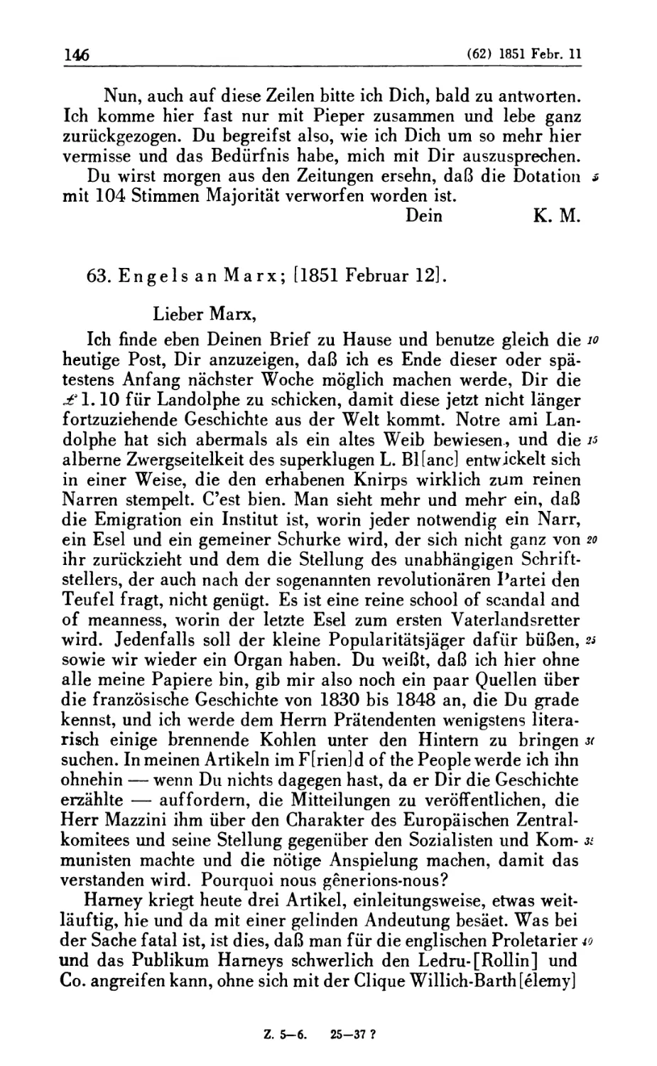 63. Engels an Marx; [1851 Februar 12]