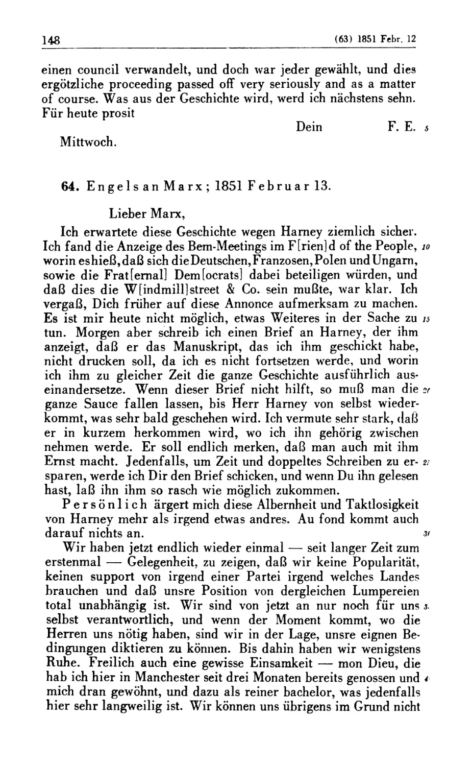 64. Engels an Marx; 1851 Februar 13