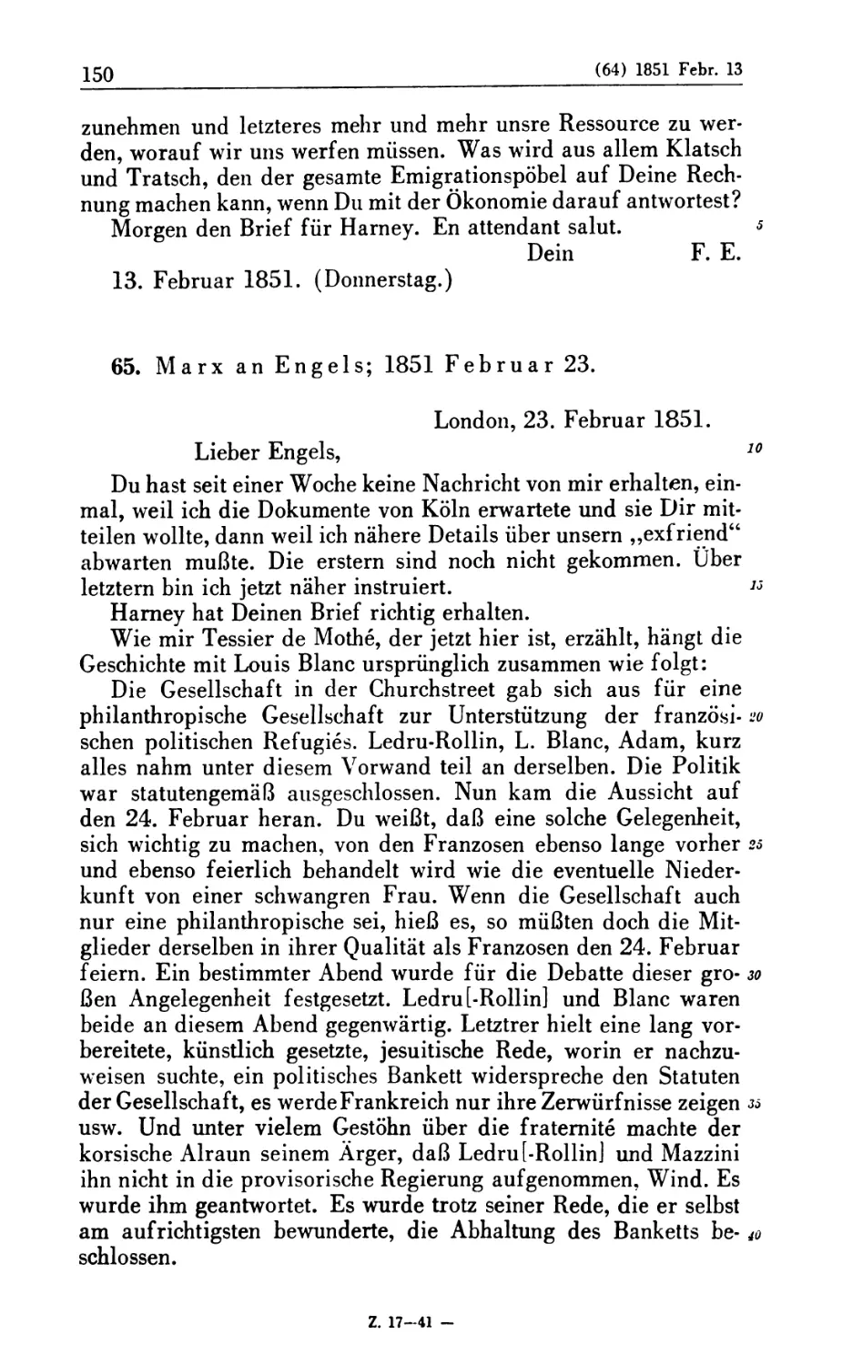 65. Marx an Engels; 1851 Februar 23