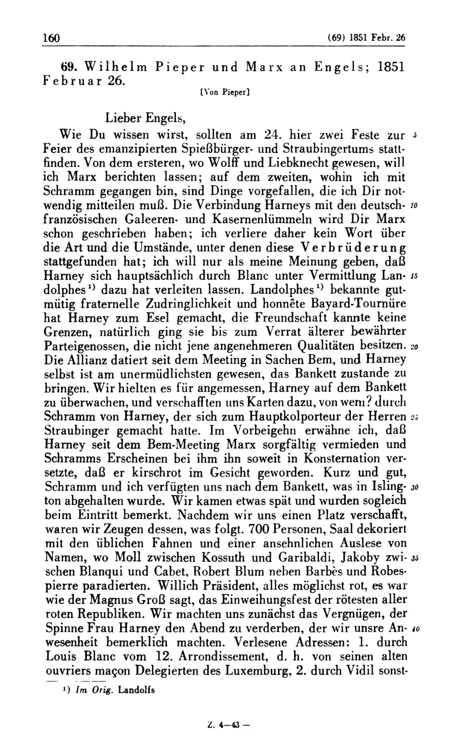 69. Wilhelm Pieper und Marx an Engels; 1851 Februar 26
