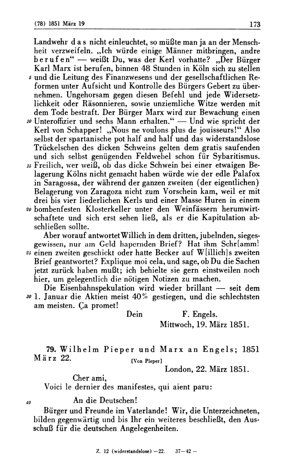 79. Wilhelm Pieper und Marx an Engels; 1851 März 22