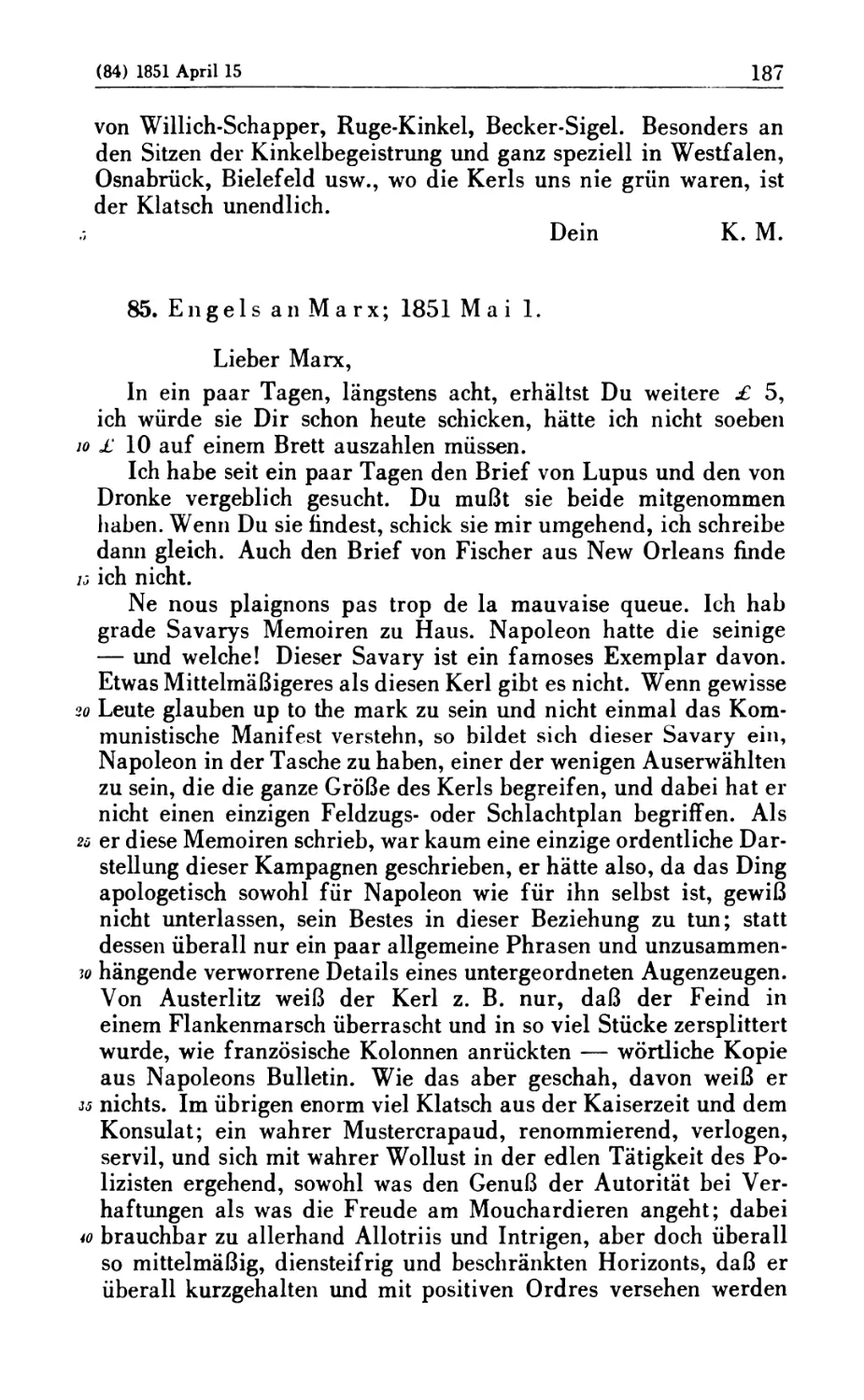 85. Engels an Marx; 1851 Mai 1