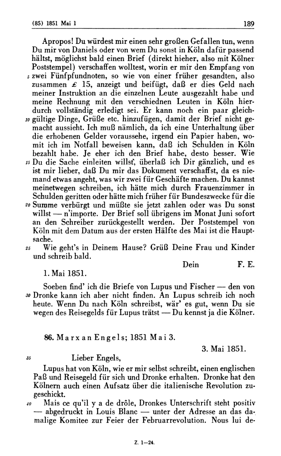 86. Marx an Engels; 1851 Mai 3