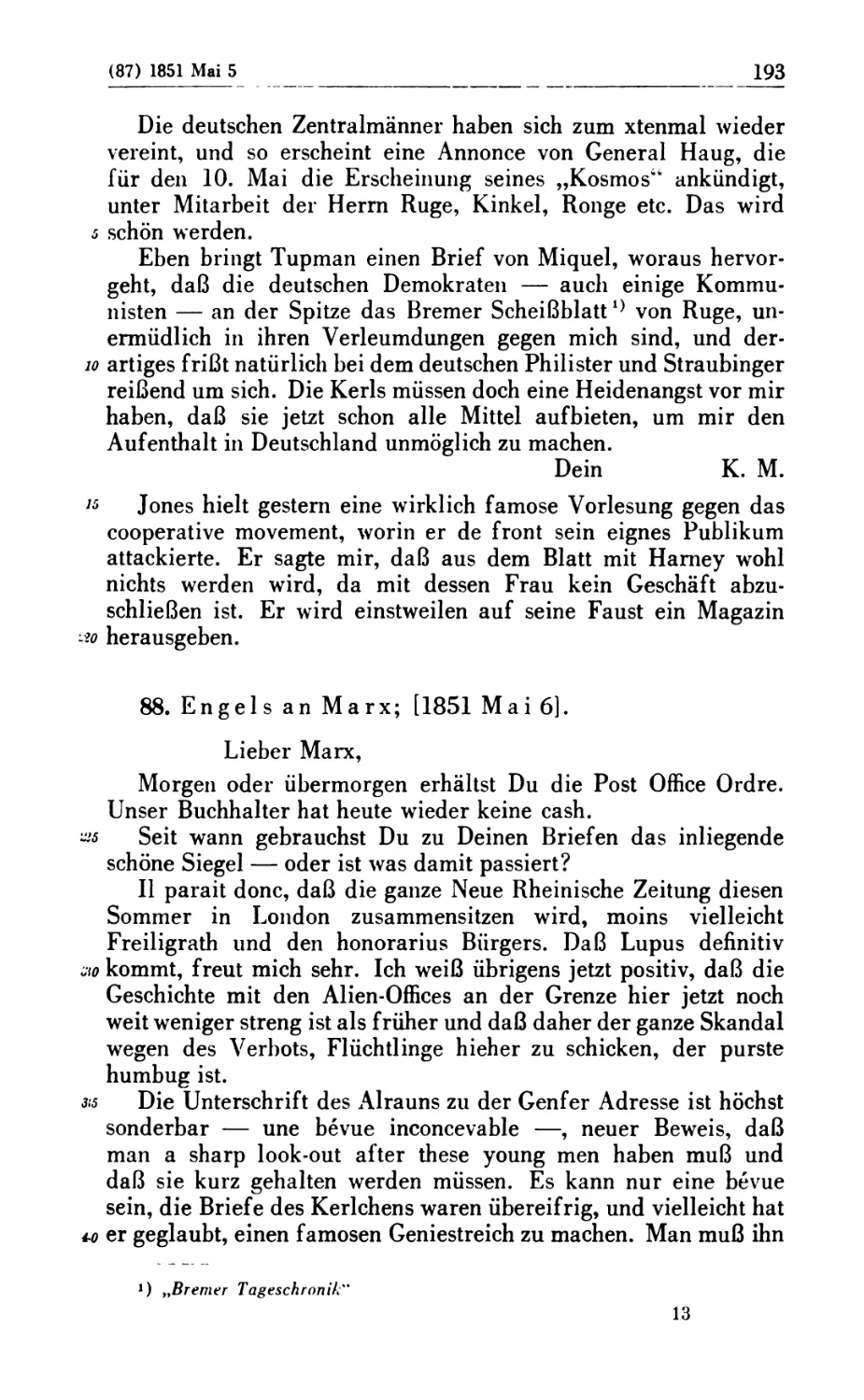 88. Engels an Marx; [1851 Mai 6]