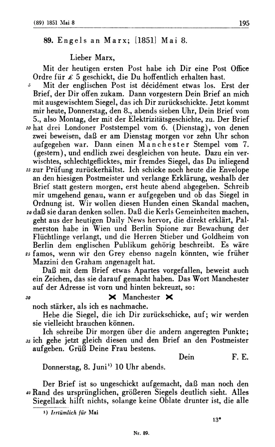 89. Engels an Marx; [1851] Mai 8