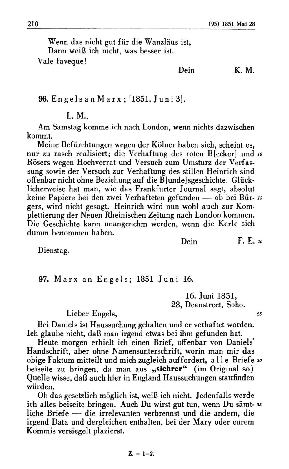 96. Engels an Marx; [1851 Juni 3]
97. Marx an Engels; 1851 Juni 16