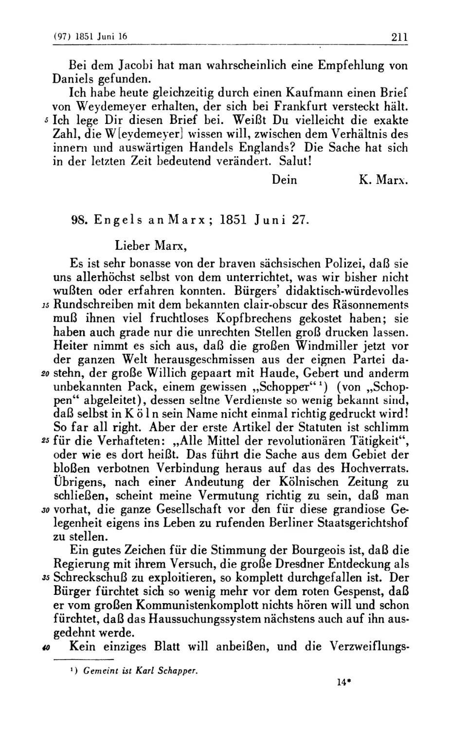 98. Engels an Marx; 1851 Juni 27