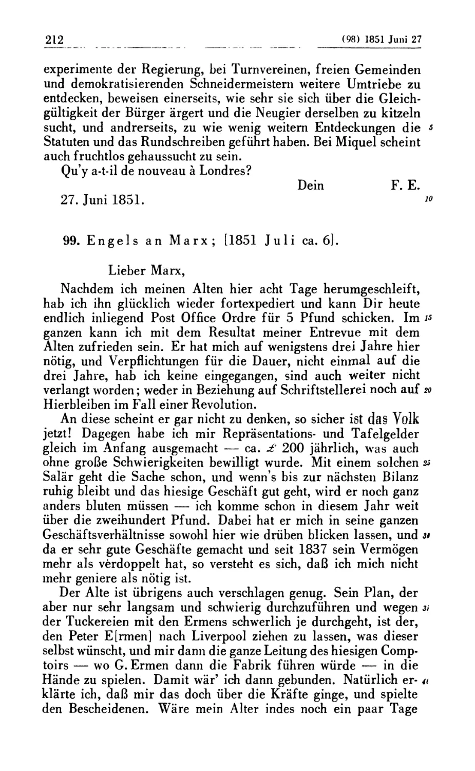 99. Engels an Marx; [1851 Juli ca. 6]