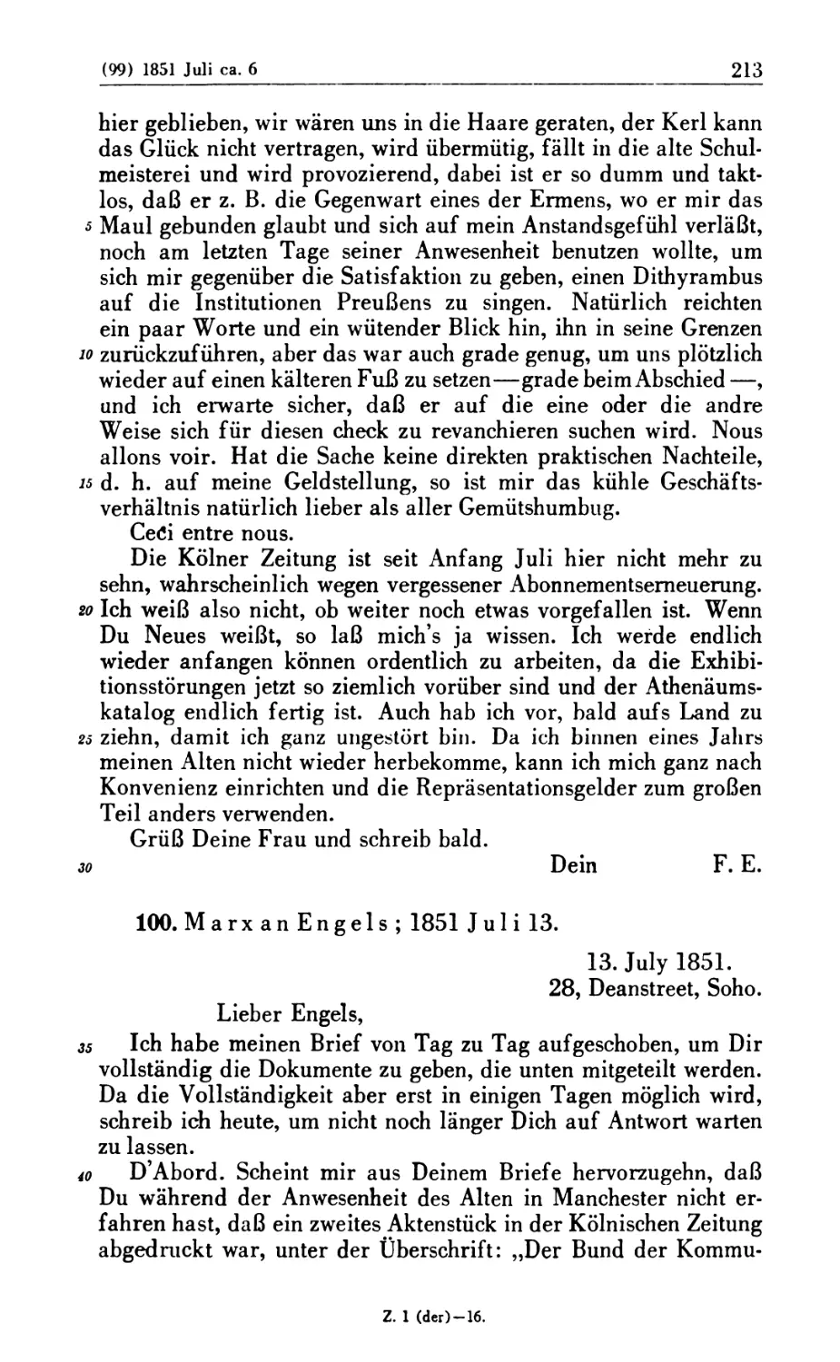 100. Marx an Engels; 1851 Juli 13