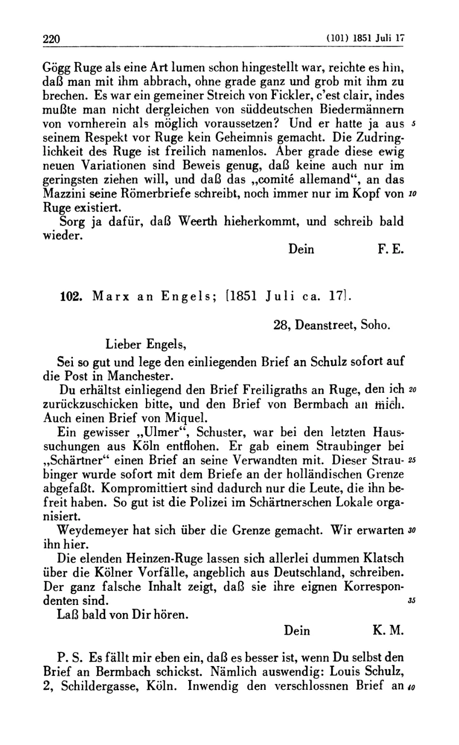 102. Marx an Engels; [1851 Juli ca. 17]