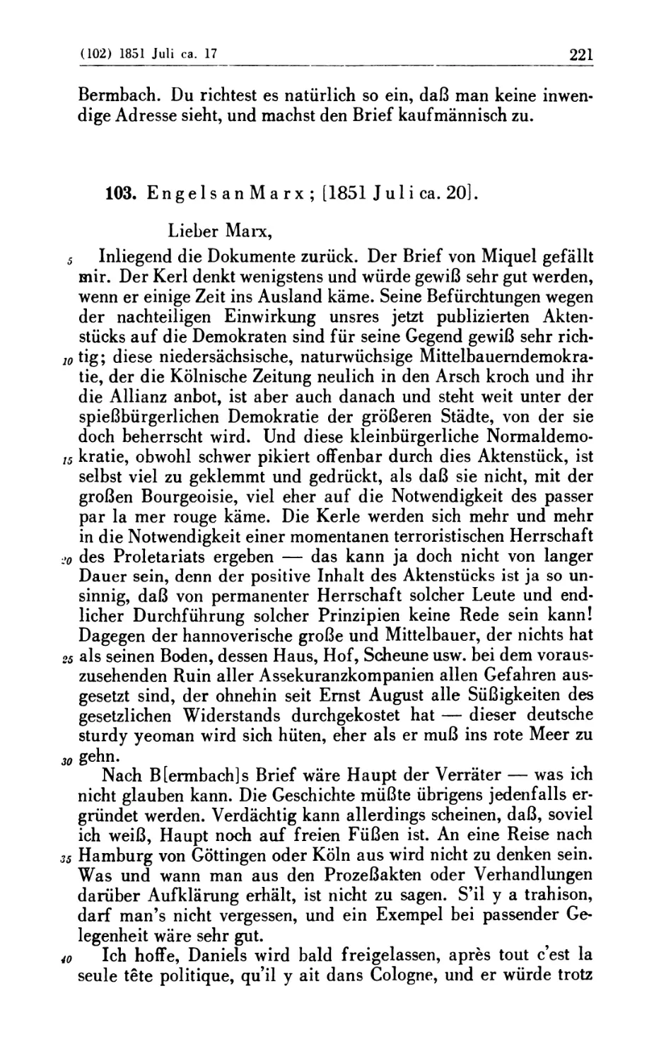 103. Engels an Marx; [1851 Juli ca. 20]
