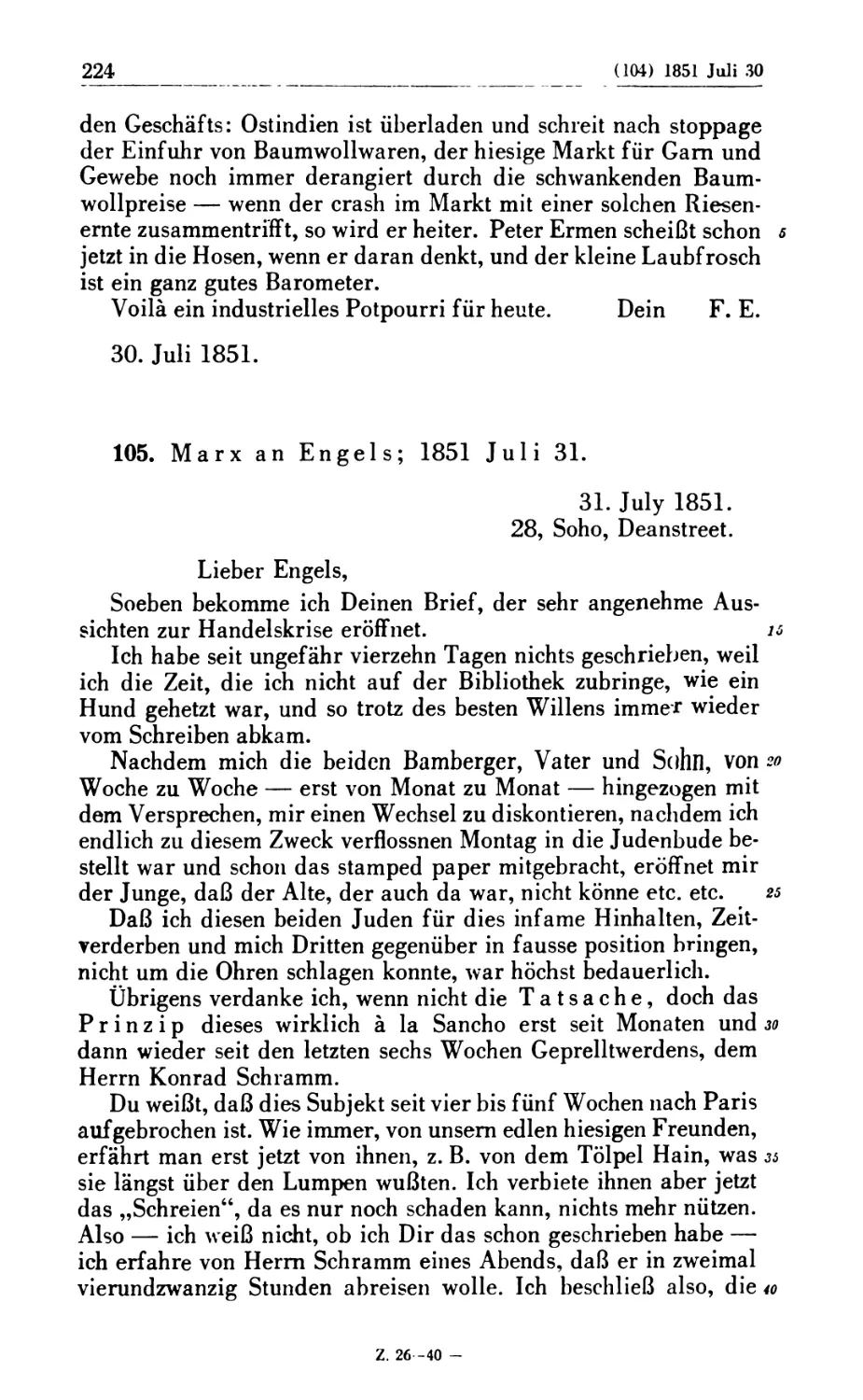 105. Marx an Engels; 1851 Juli 31