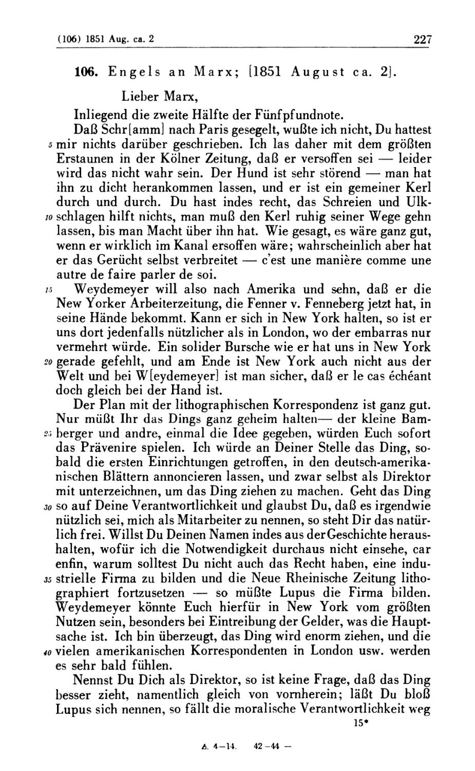 106. Engels an Marx; [1851 August ca. 2]