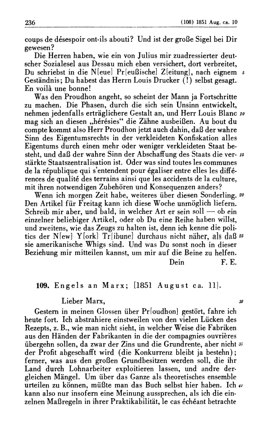 109. Engels an Marx; [1851 August ca. 11]