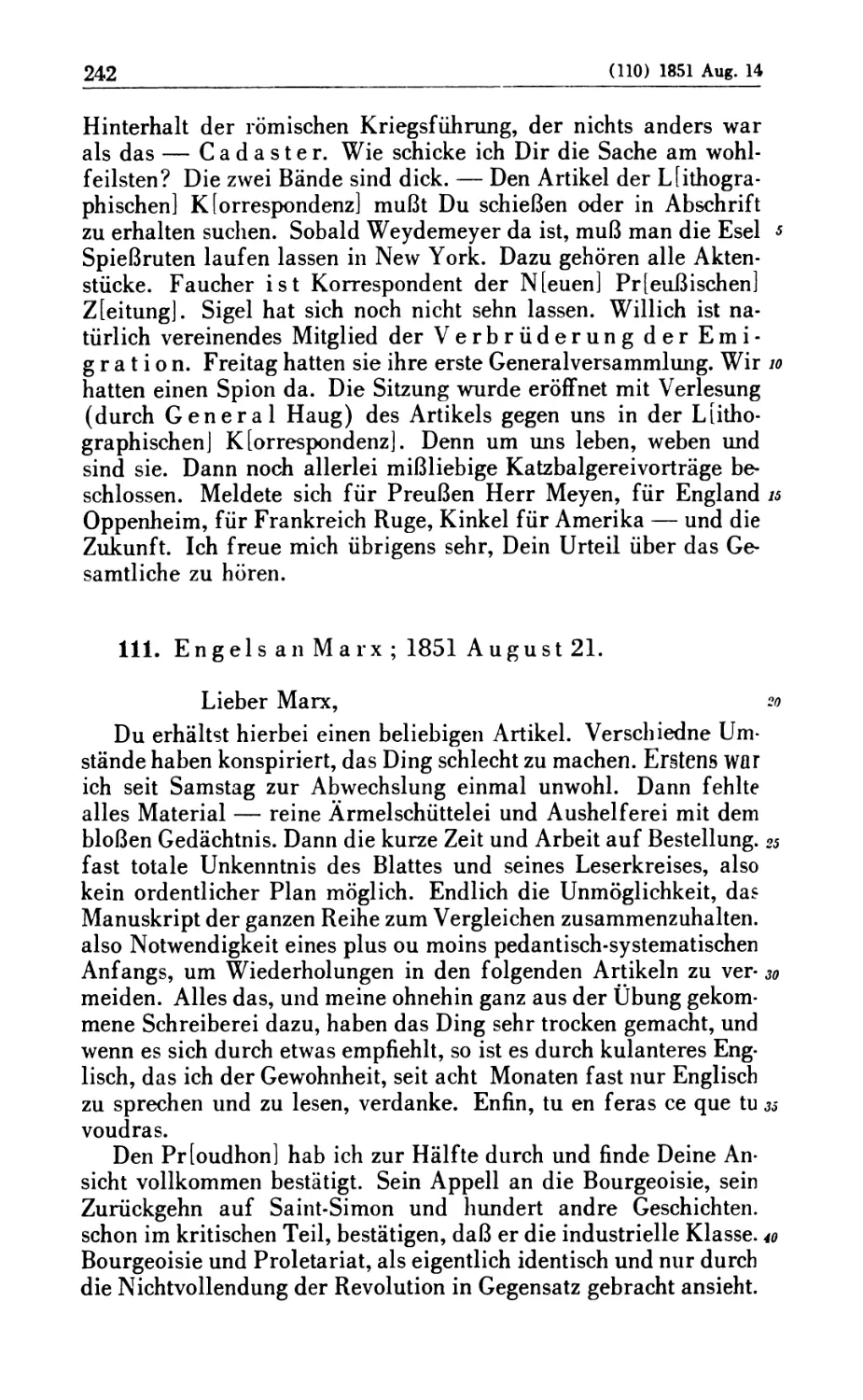 111. Engels an Marx; 1851 August 21