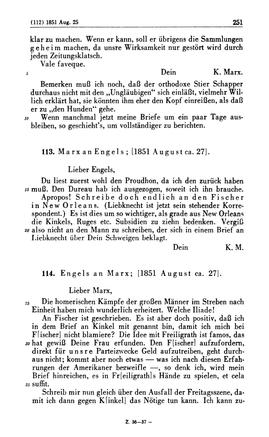 113. Marx an Engels; [1851 August ca. 27]
114. Engels an Marx; [1851 August ca. 27]