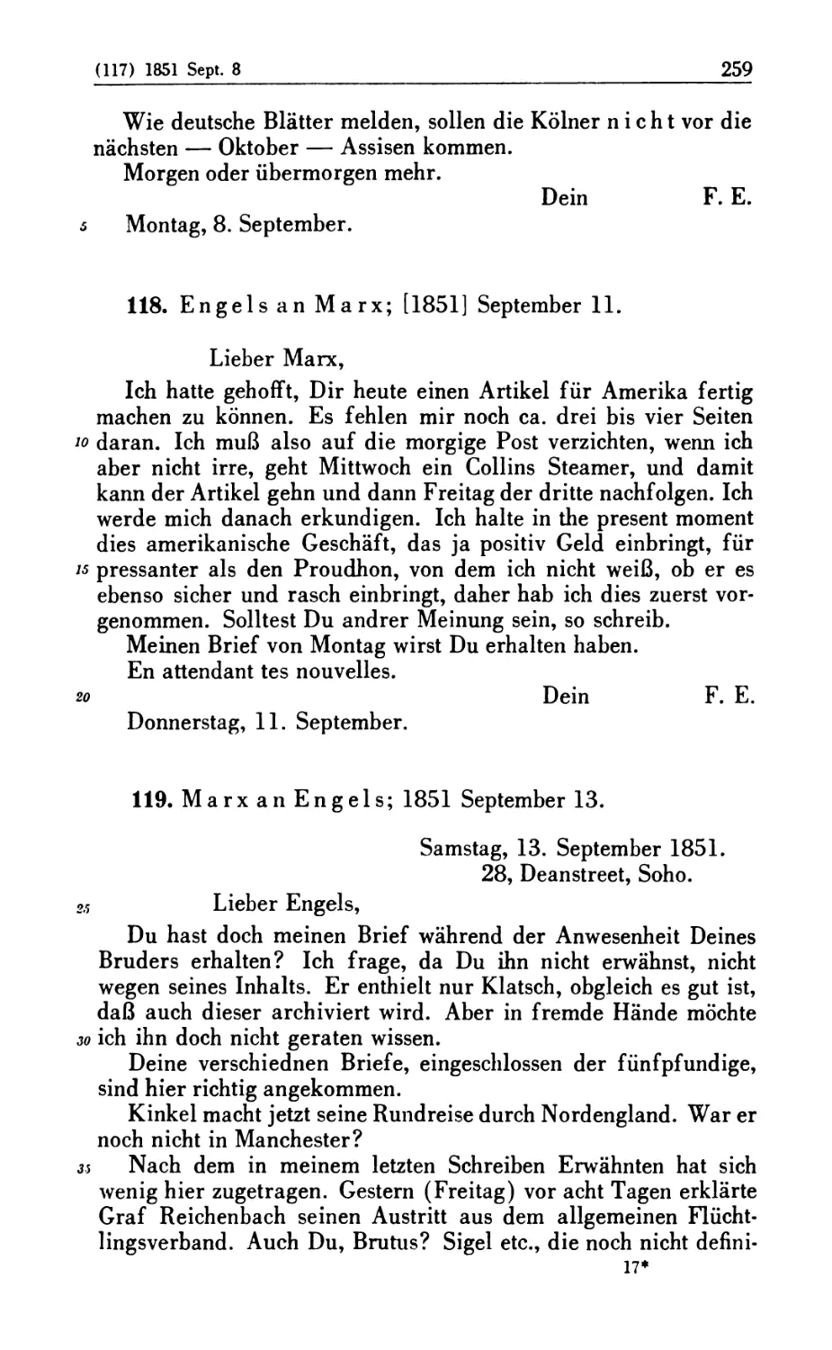 118. Engels an Marx; [1851] September 11
119. Marx an Engels; 1851 September 13