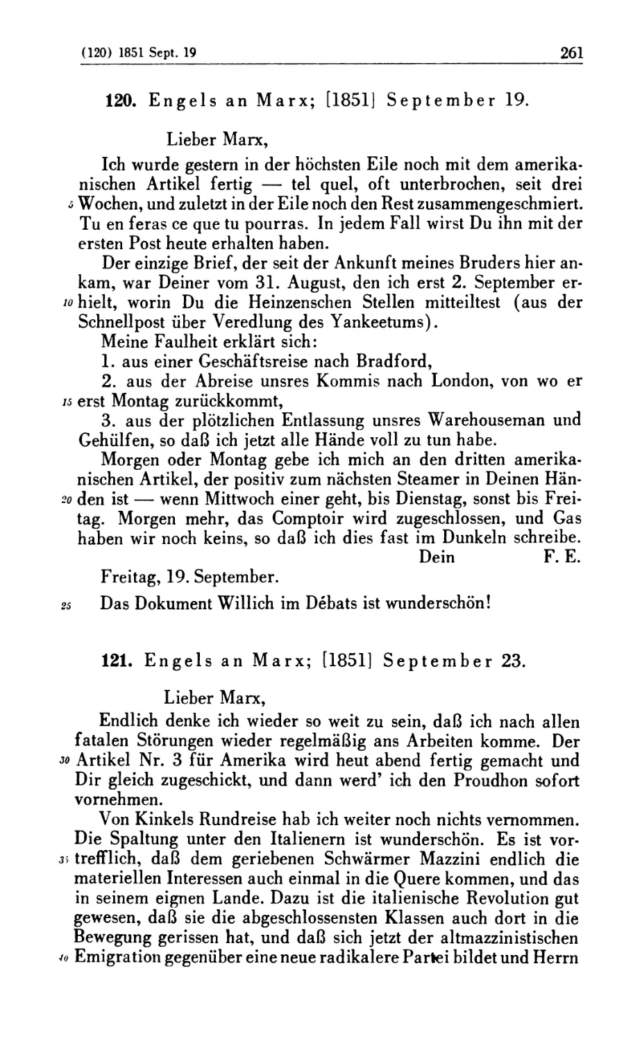 120. Engels an Marx; [1851] September 19
121. Engels an Marx; [1851] September 23