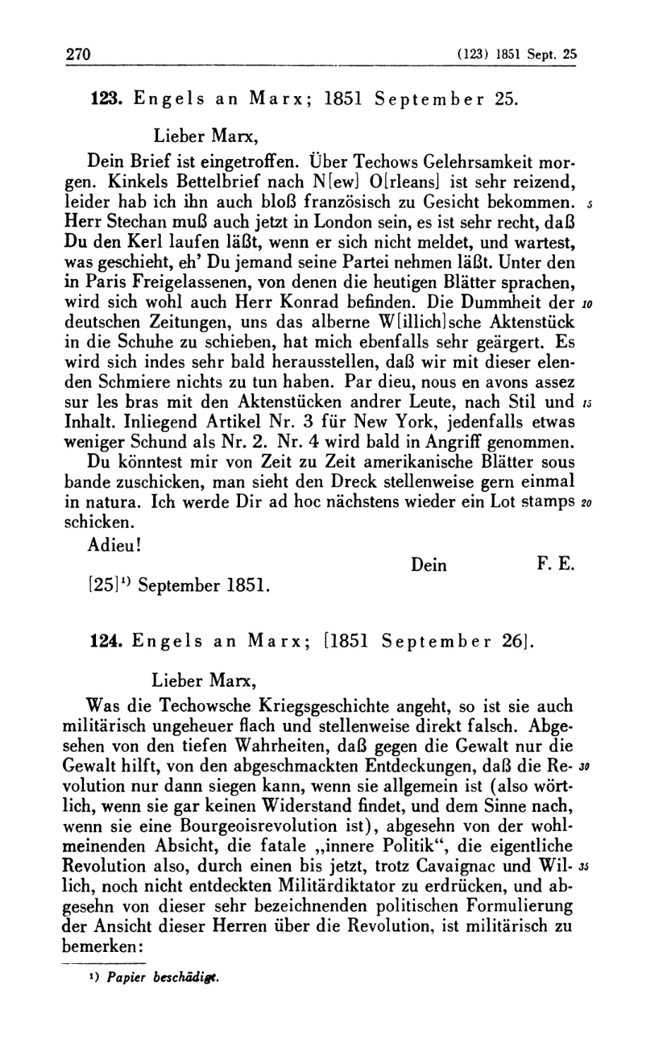 123. Engels an Marx; 1851 September 25
124. Engels an Marx; [1851 September 26]