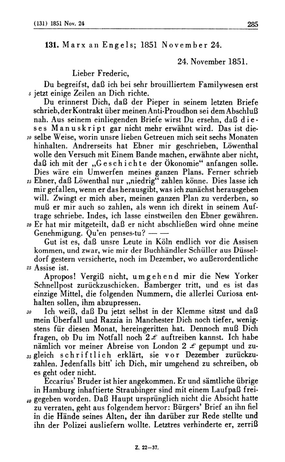 131. Marx an Engels; 1851 November 24