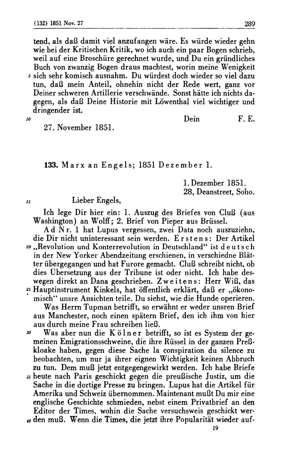 133. Marx an Engels; 1851 Dezember 1