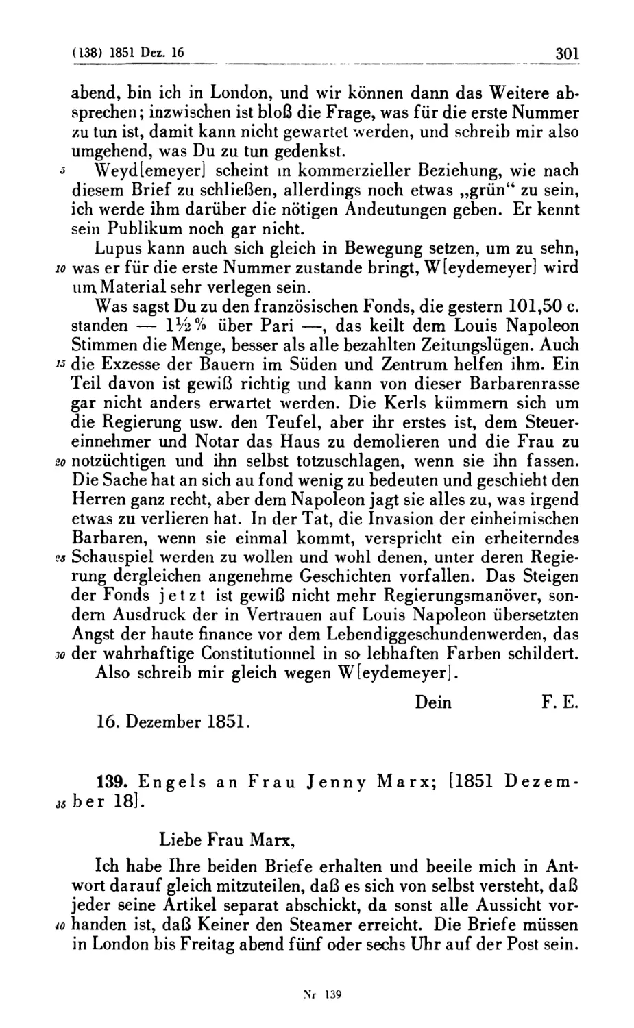 139. Engels an Frau Jenny Marx; [1851 Dezember 18]