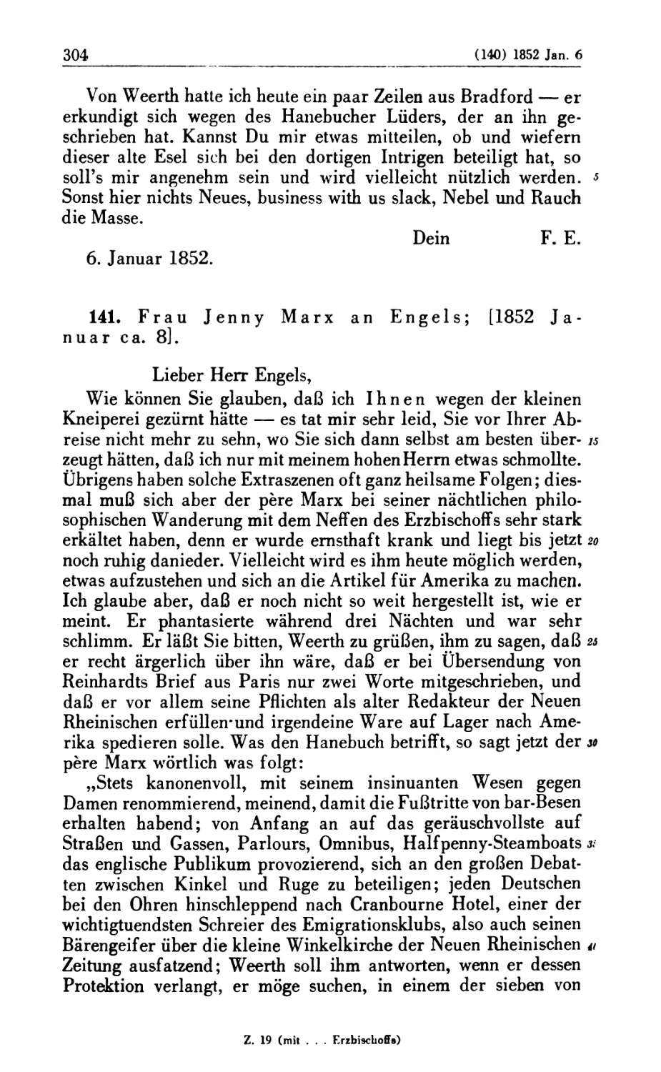 141. Frau Jenny Marx an Engels; [1852 Januar ca. 8]