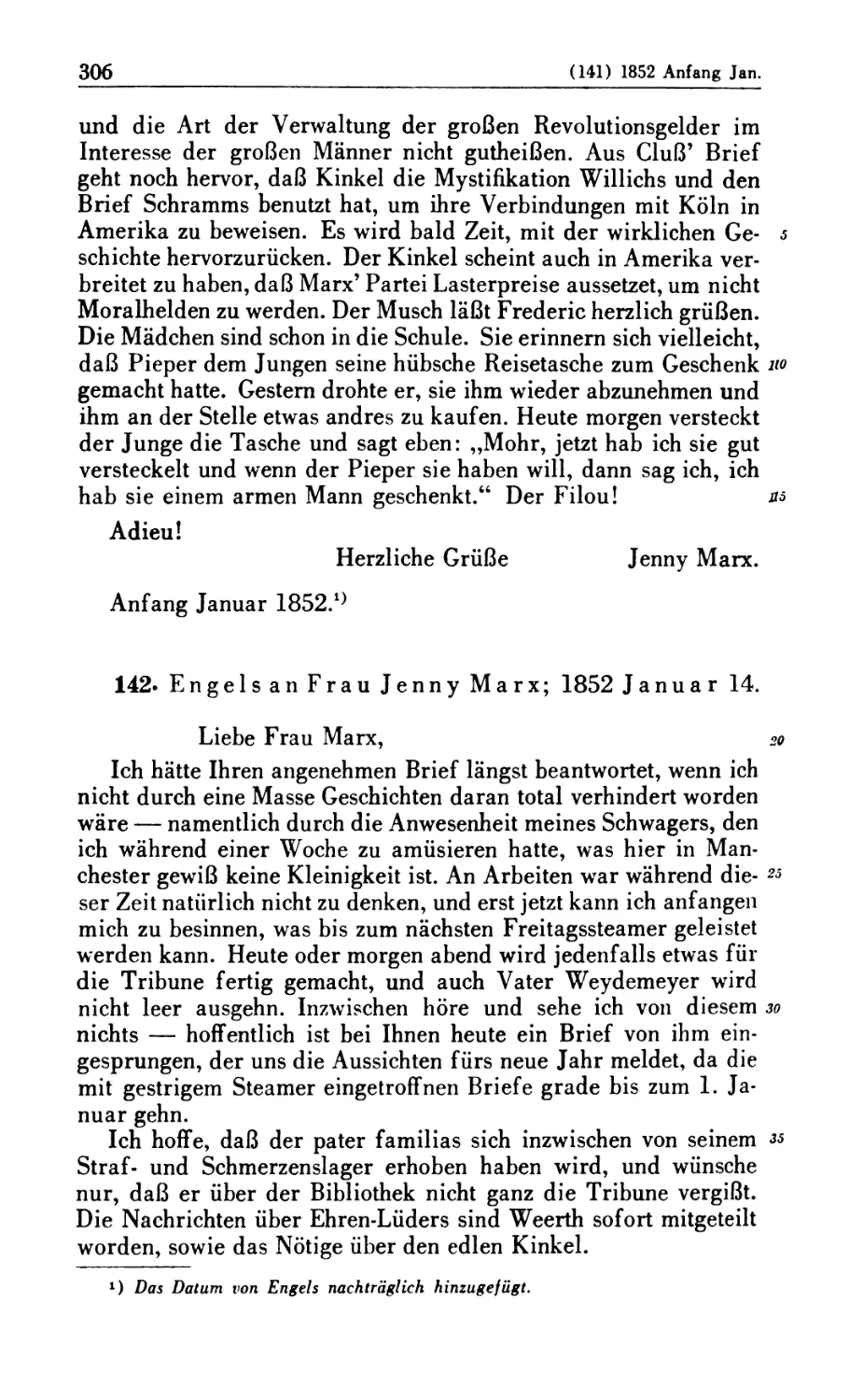 142. Engels an Frau Jenny Marx; 1852 Januar 14