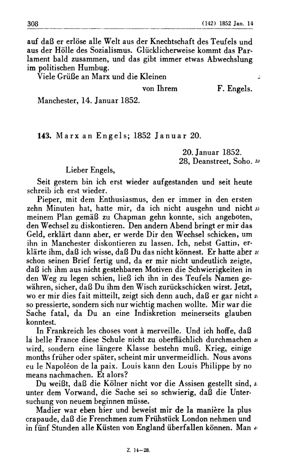 143. Marx an Engels; 1852 Januar 20