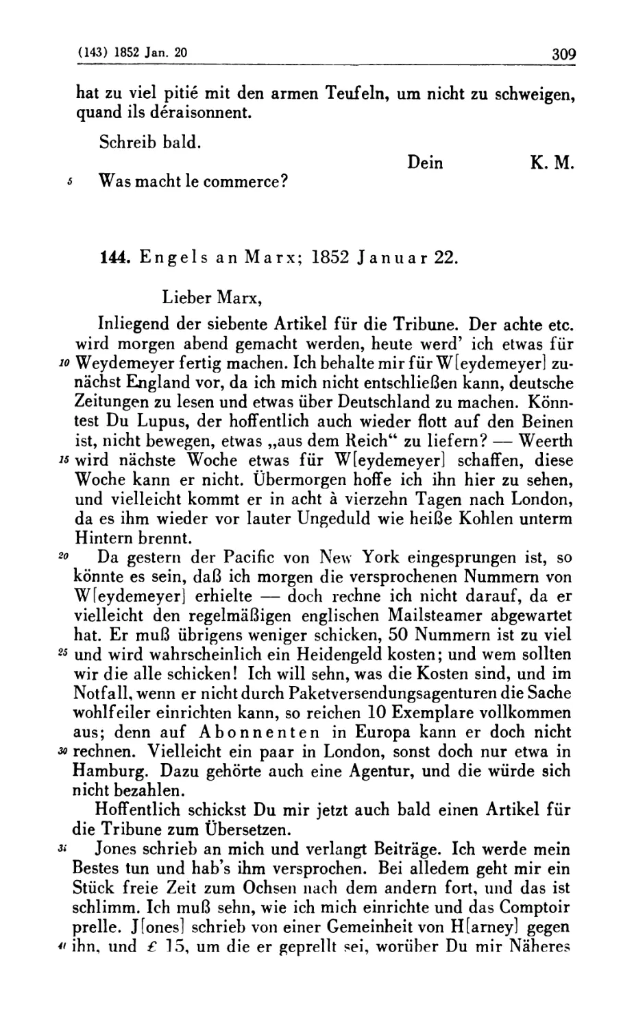 144. Engels an Marx; 1852 Januar 22