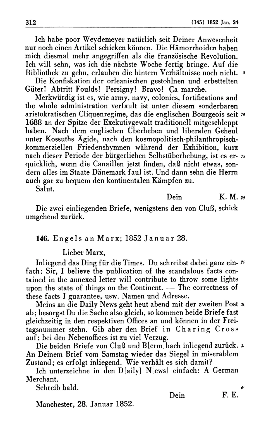 146. Engels an Marx; 1852 Januar 28