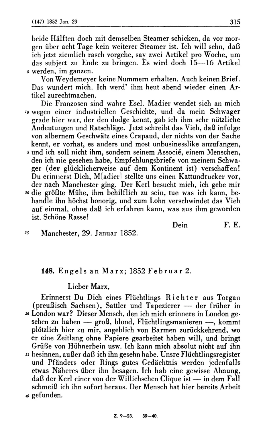 148. Engels an Marx; 1852 Februar 2