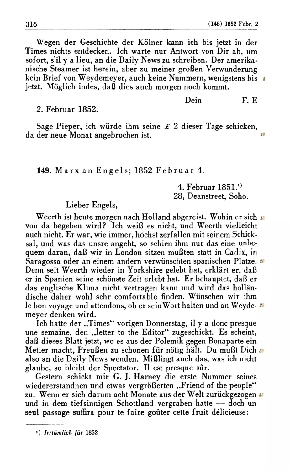 149. Marx an Engels; 1852 Februar 4
