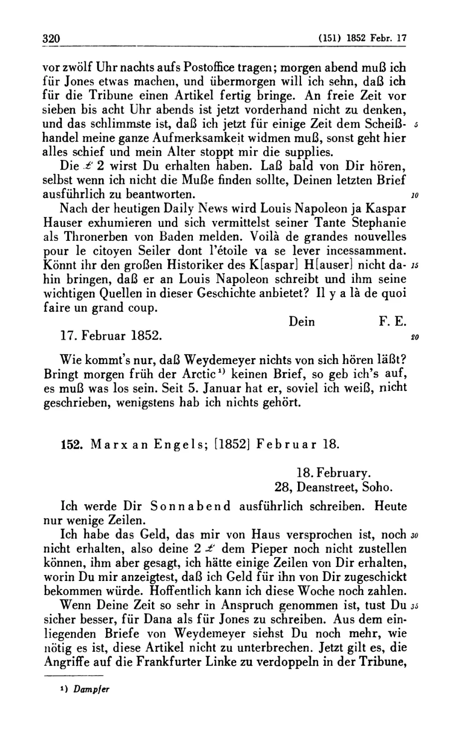 152. Marx an Engels; [1852] Februar 18