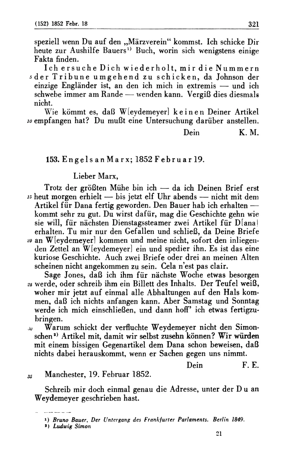 153. Engels an Marx; 1852 Februar 19