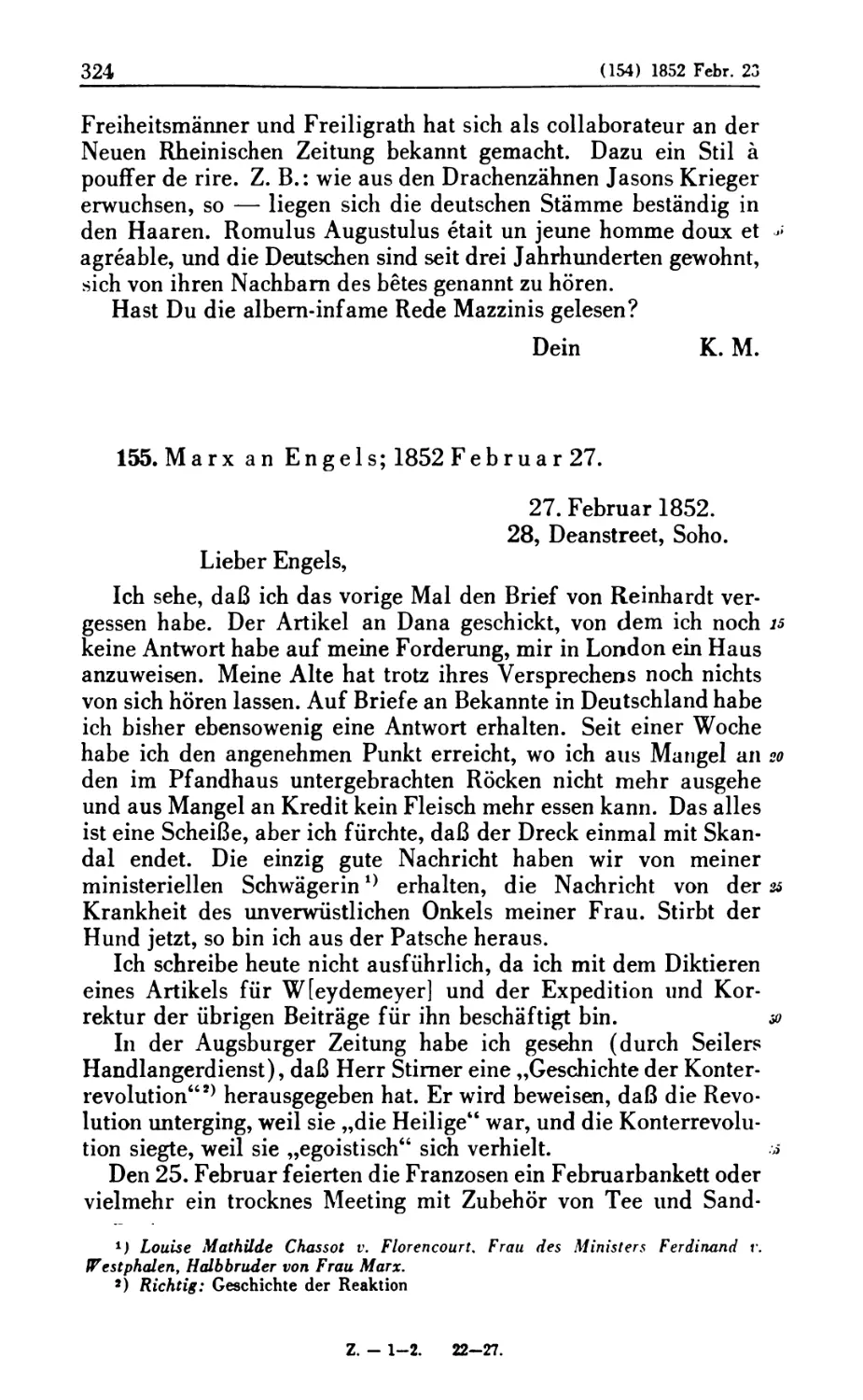 155. Marx an Engels; 1852 Februar 27