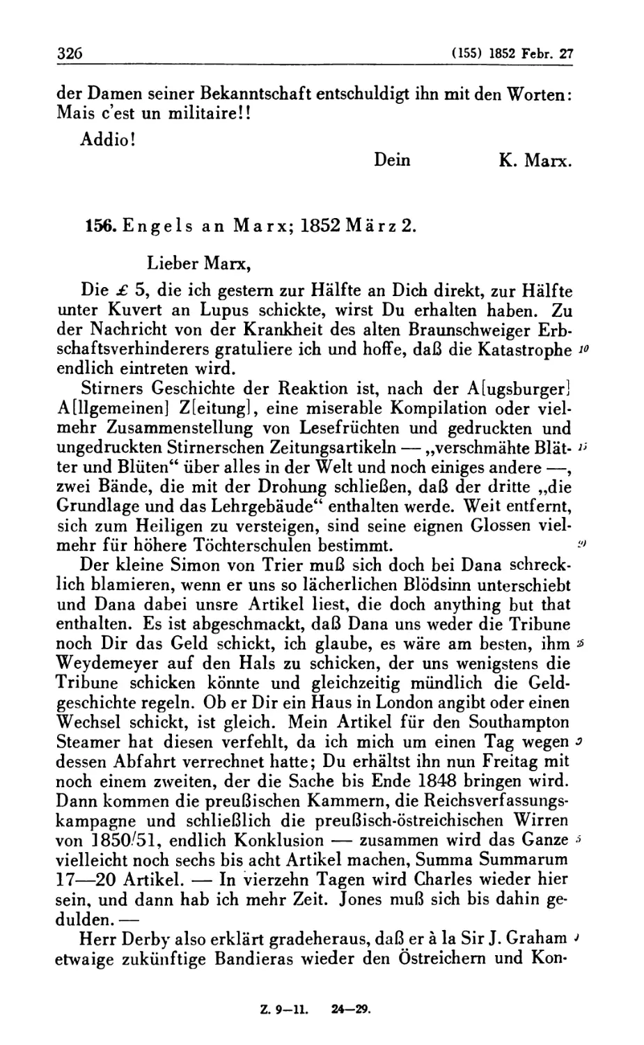 156. Engels an Marx; 1852 März 2