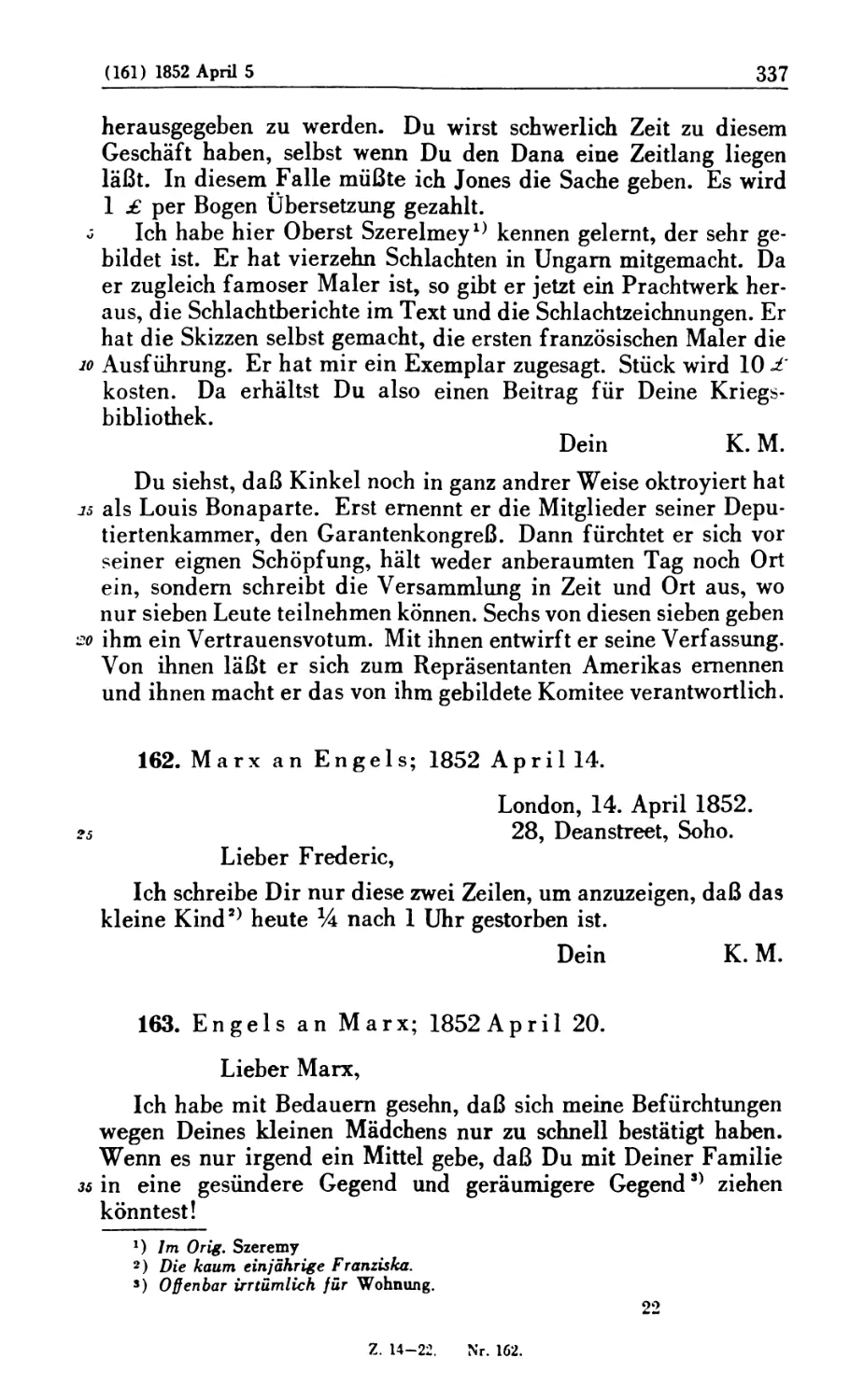 162. Marx an Engels; 1852 April 14
163. Engels an Marx; 1852 April 20
