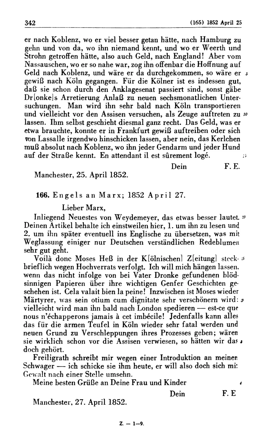 166. Engels an Marx; 1852 April 27
