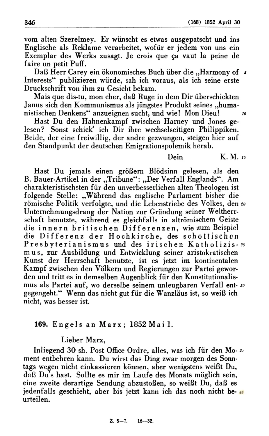 169. Engels an Marx; 1852 Mai 1