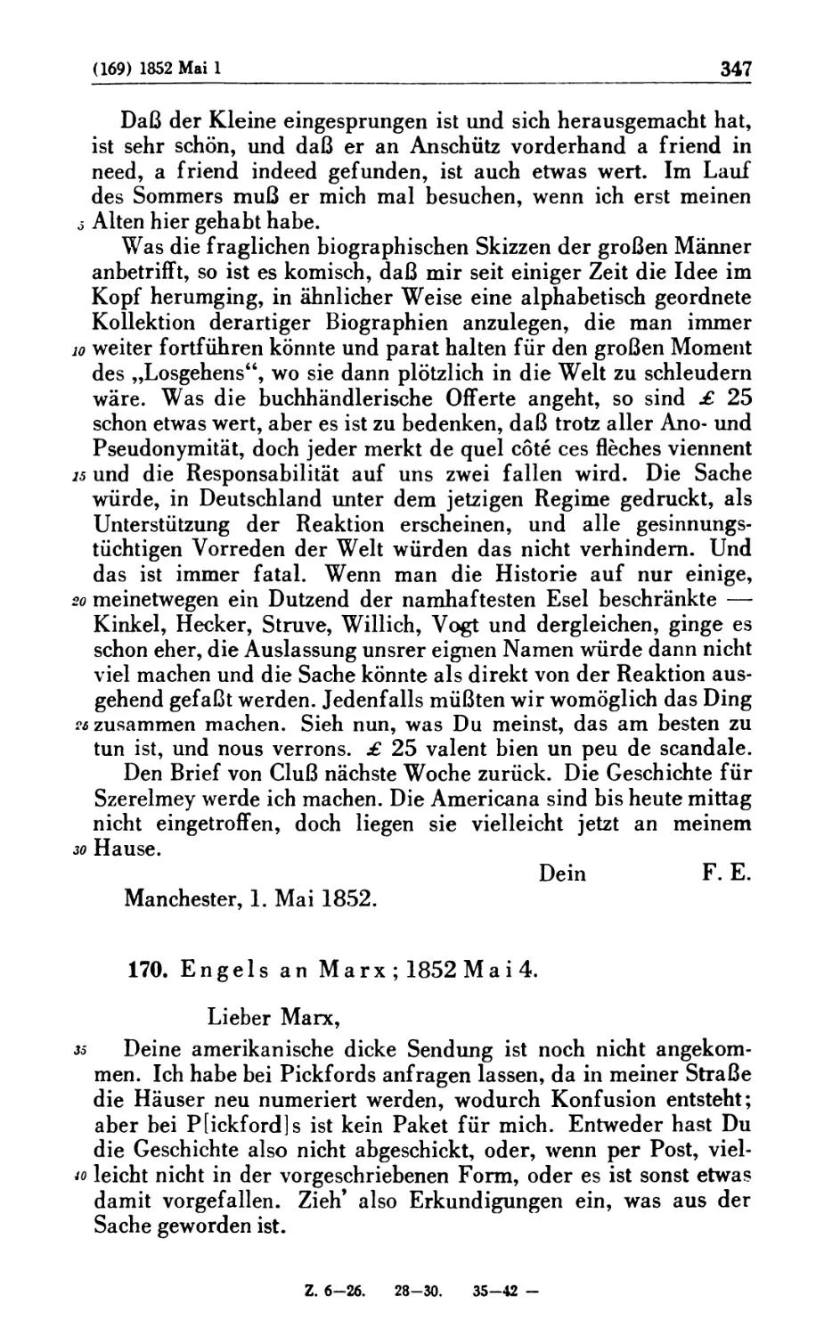 170. Engels an Marx; 1852 Mai 4