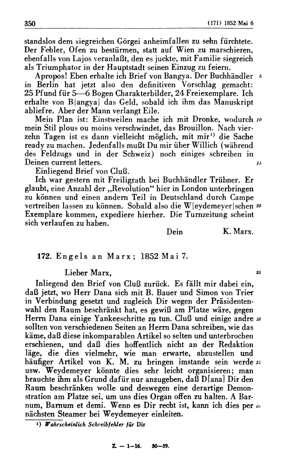 172. Engels an Marx; 1852 Mai 7